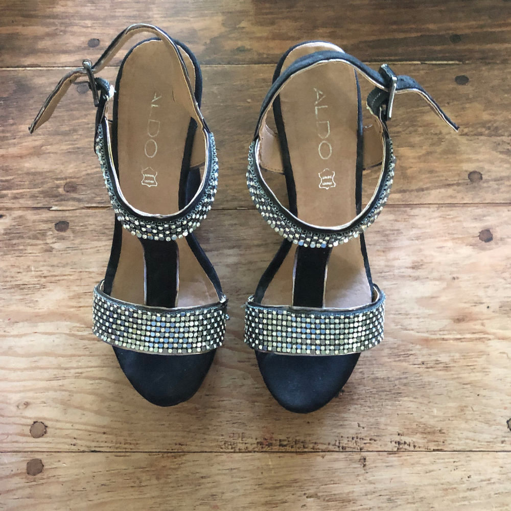 Dressy Black Suede Rhinestone wedges-Aldo Brand